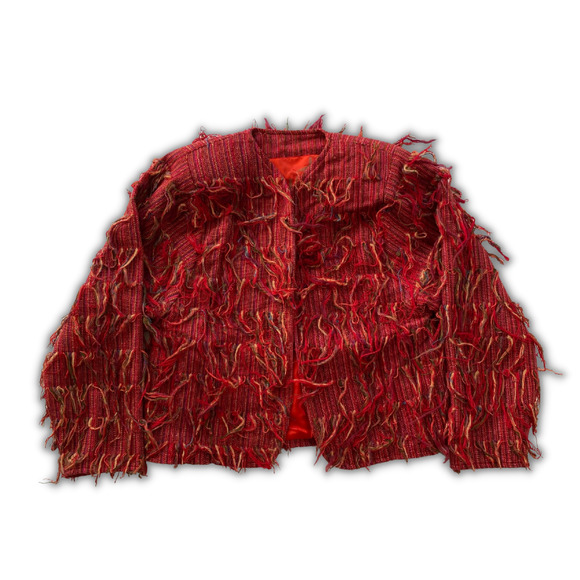 Vintage Crystal Handwoven Women's 2pc Skirt Blazer Set Red Multi Yarn Fringe - Picture 3 of 9